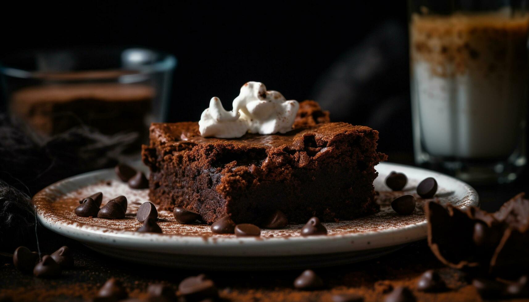 een fijnproever toetje Aan een rustiek tafel chocola brownie en koffie gegenereerd door ai foto