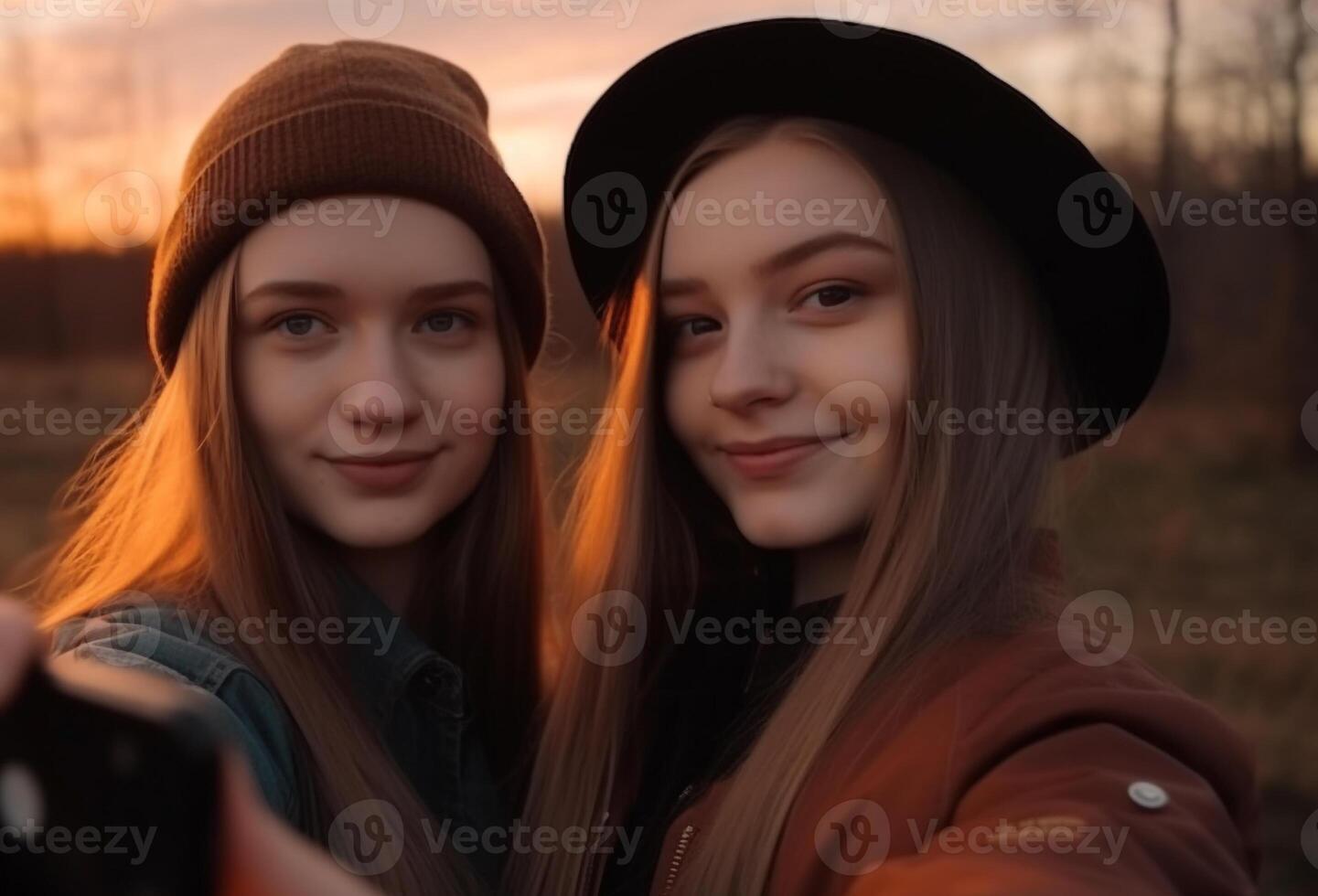 glimlachen jong Dames genieten van natuur, vriendschap, en schoonheid in zonsondergang gegenereerd door ai foto