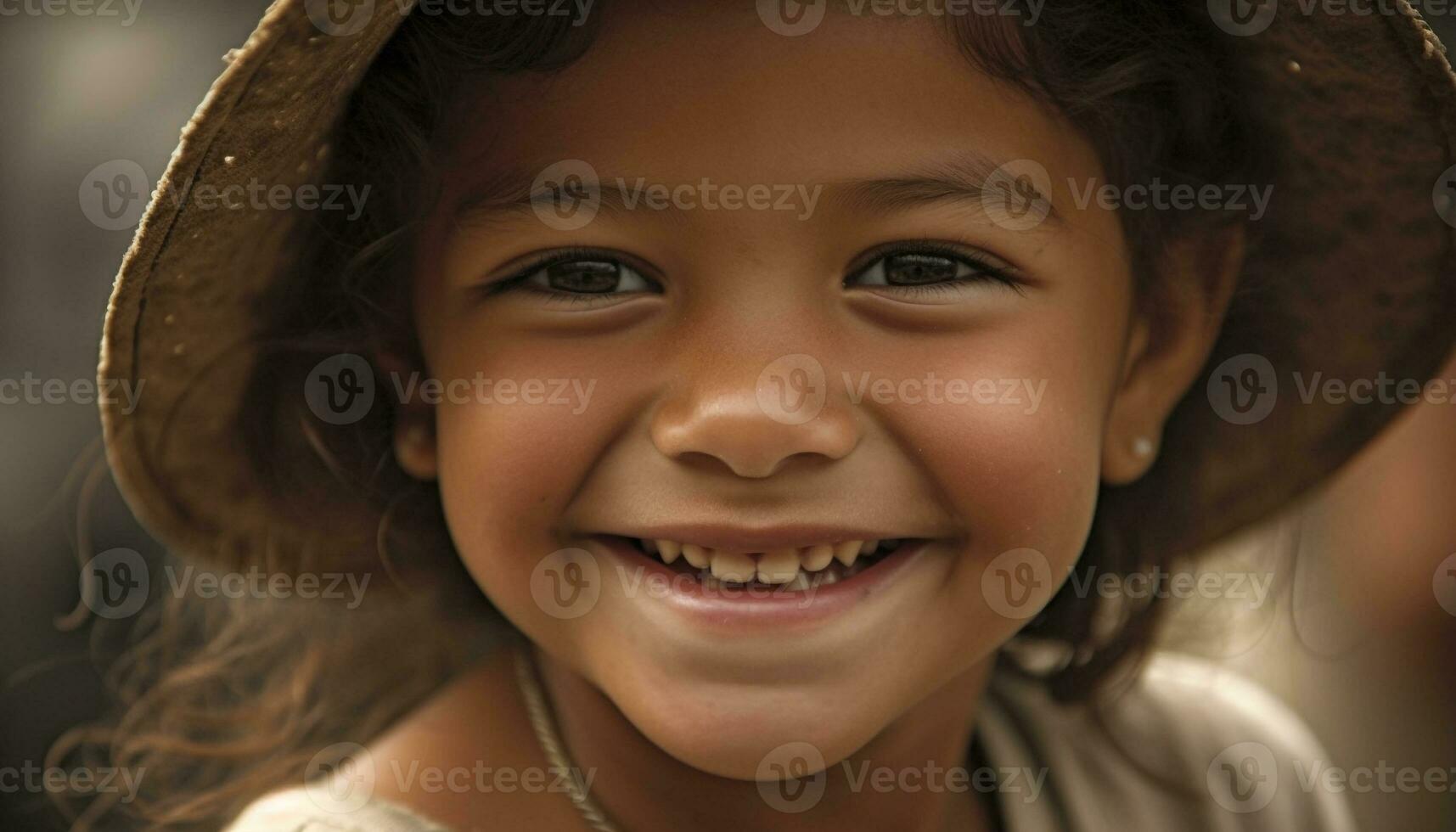 glimlachen kind, geluk, vrolijk portret, schattig dichtbij omhoog, blij buitenshuis gegenereerd door ai foto