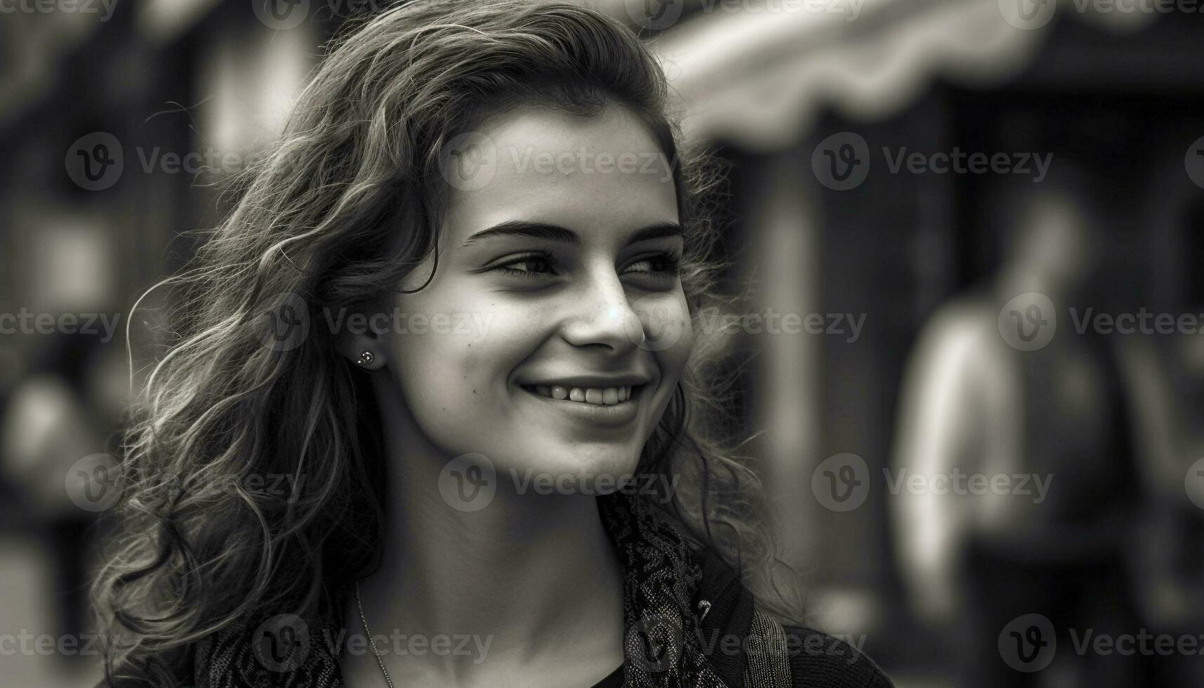 glimlachen jong vrouw buitenshuis, portret van een mooi Kaukasisch vrouw gegenereerd door ai foto