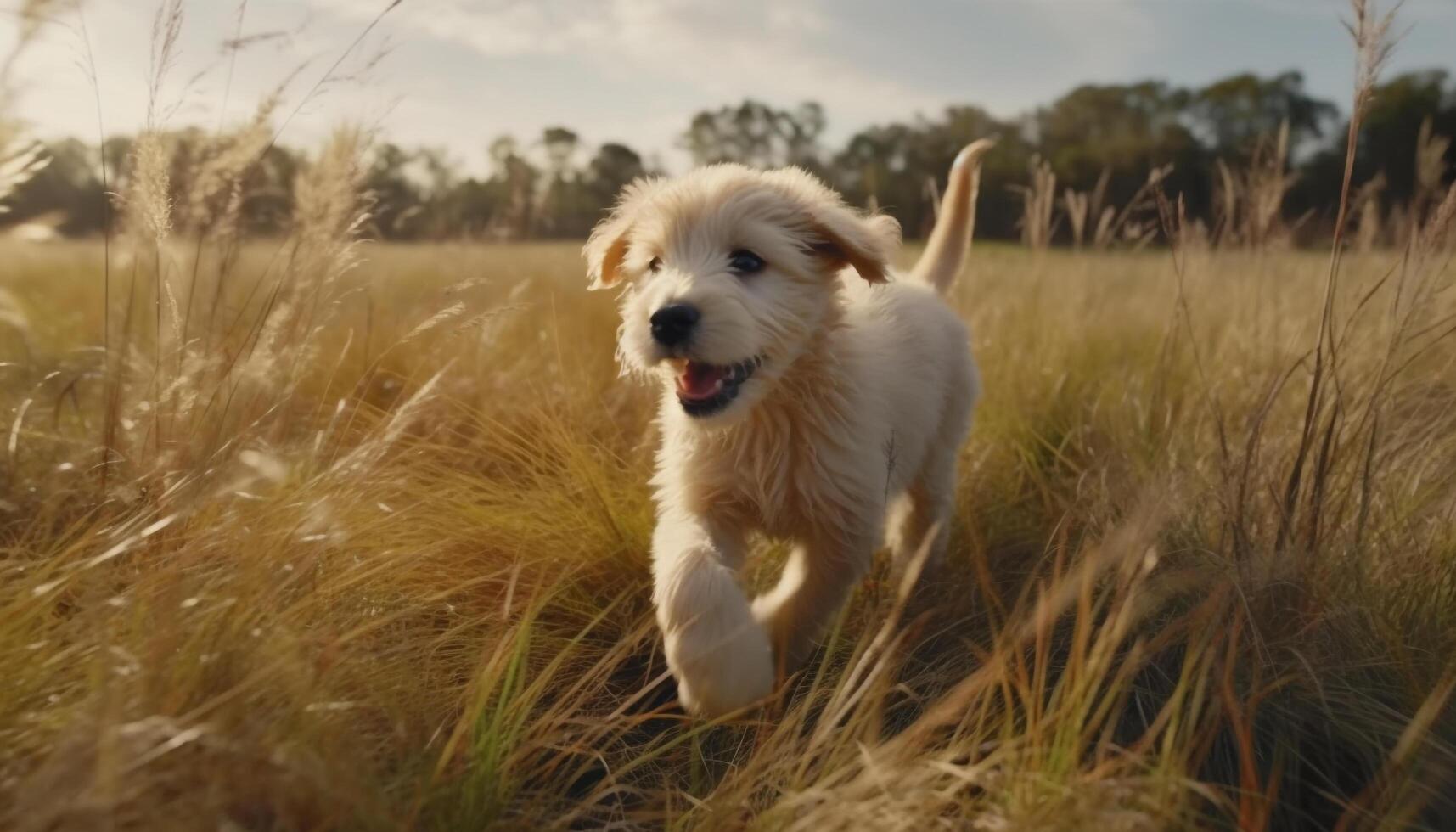 schattig puppy spelen in de gras, genieten van de zonnig buitenshuis gegenereerd door ai foto