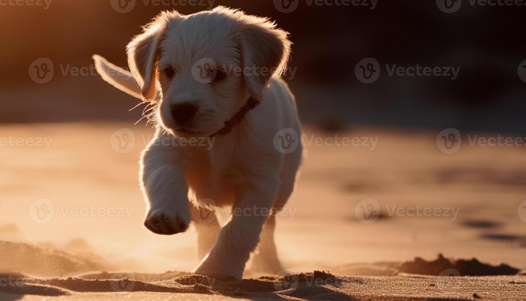 schattig puppy spelen in de zand, genieten van de zomer zonlicht gegenereerd door ai foto