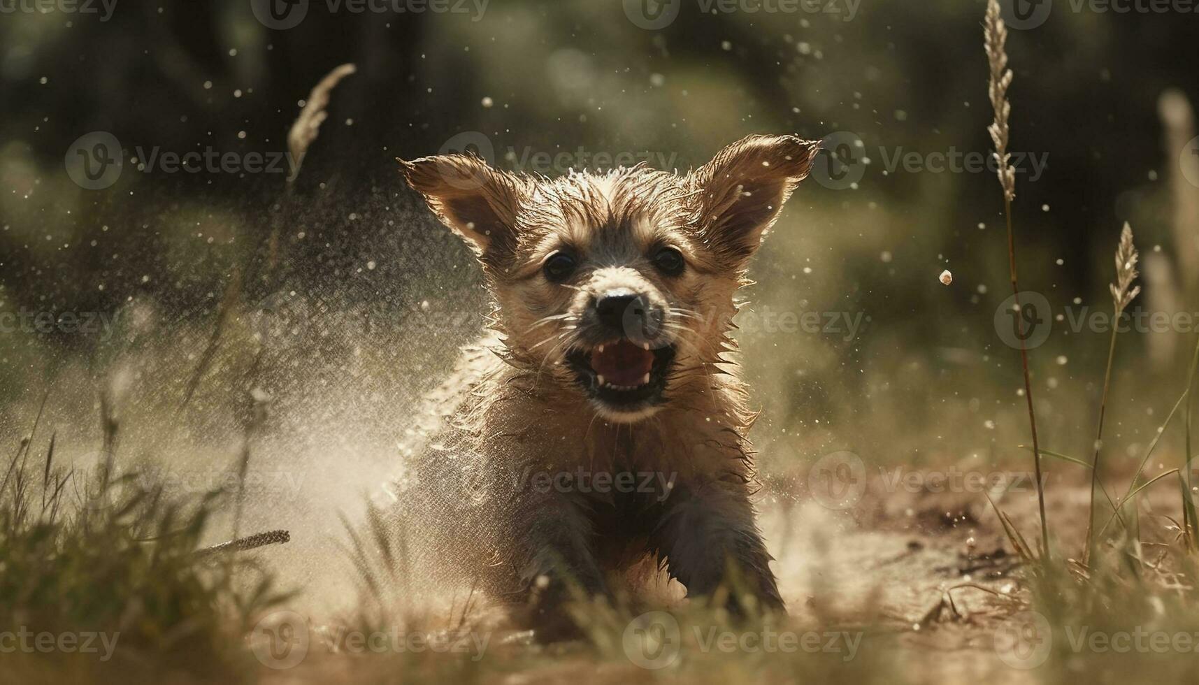 schattig puppy rennen in de nat gras, speels en blij gegenereerd door ai foto