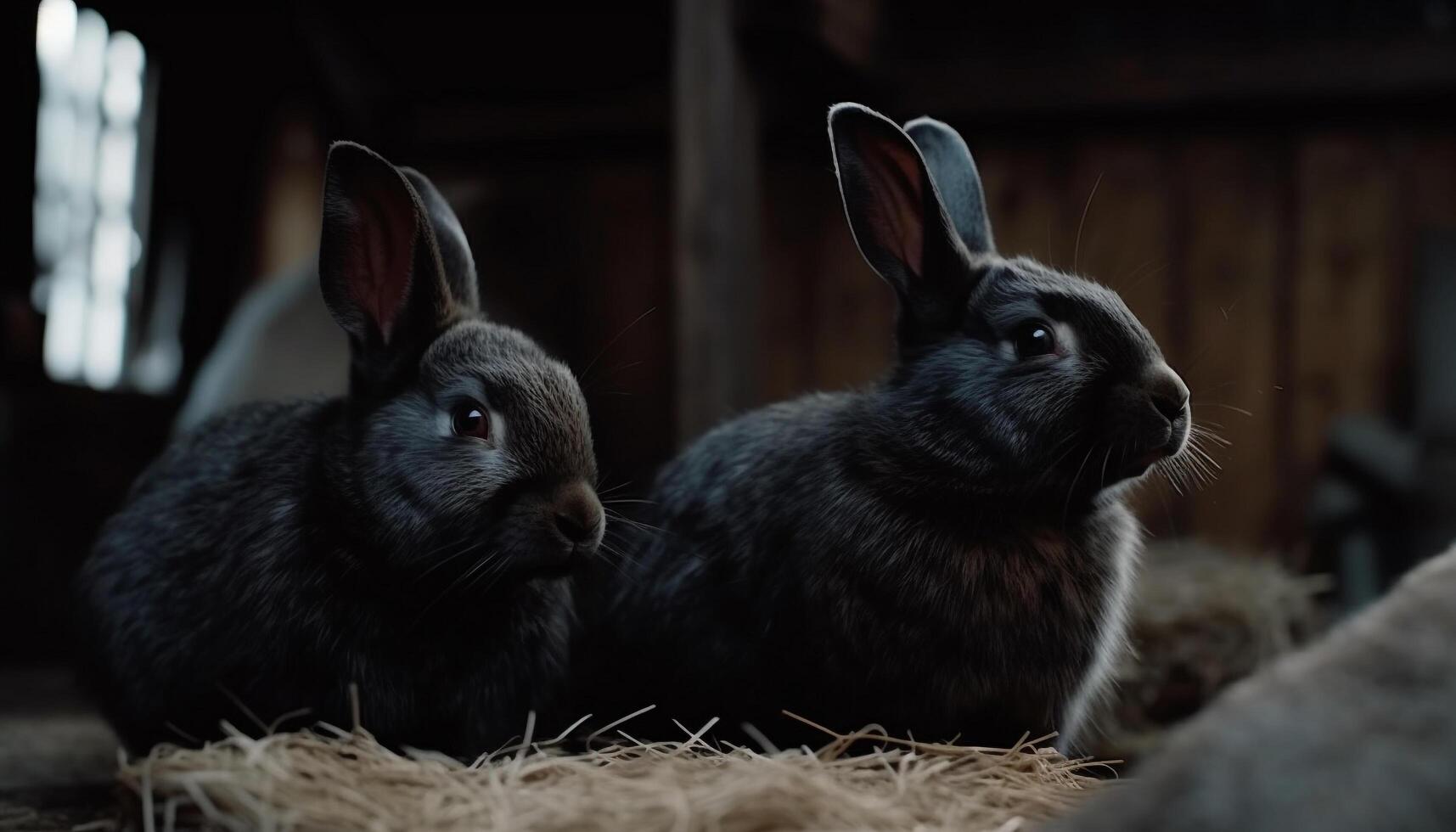 schattig konijn zittend Aan hooi, op zoek Bij camera buitenshuis gegenereerd door ai foto