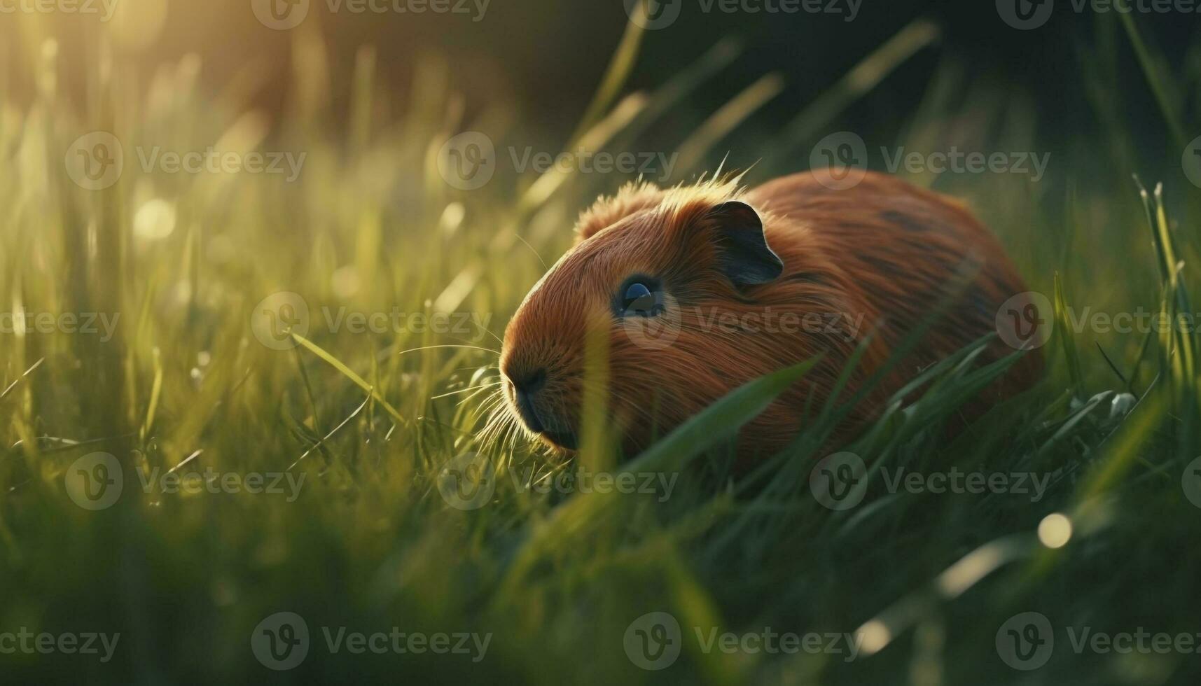 schattig pluizig Guinea varken zittend Aan groen weide in zomer gegenereerd door ai foto