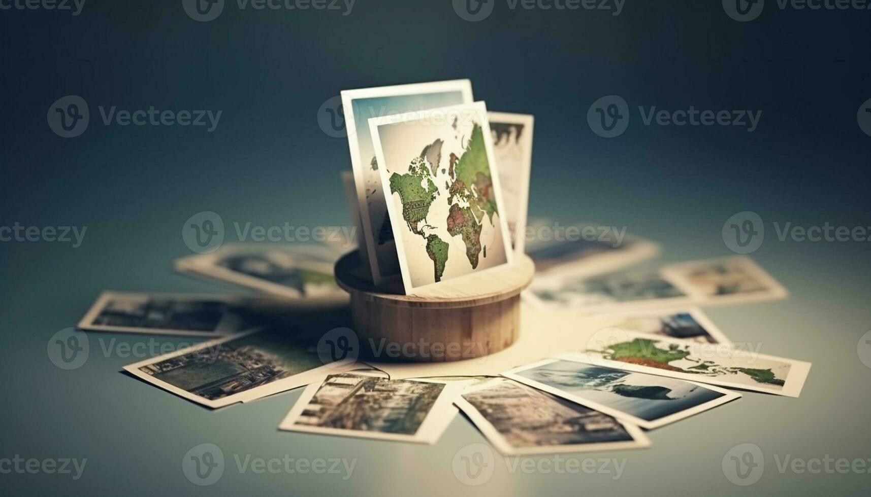 reizen herinneringen een stack van oud fashioned polaroid foto's Aan een tafel gegenereerd door ai foto