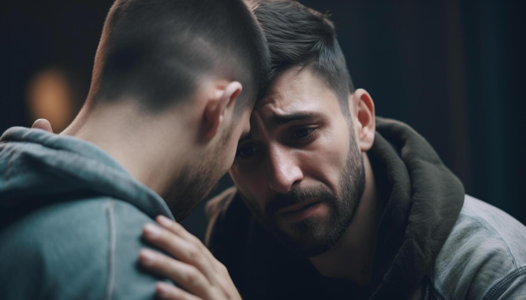 twee jong volwassen mannetjes, Kaukasisch etniciteit, omarmen buitenshuis, lachend, in liefde gegenereerd door ai foto