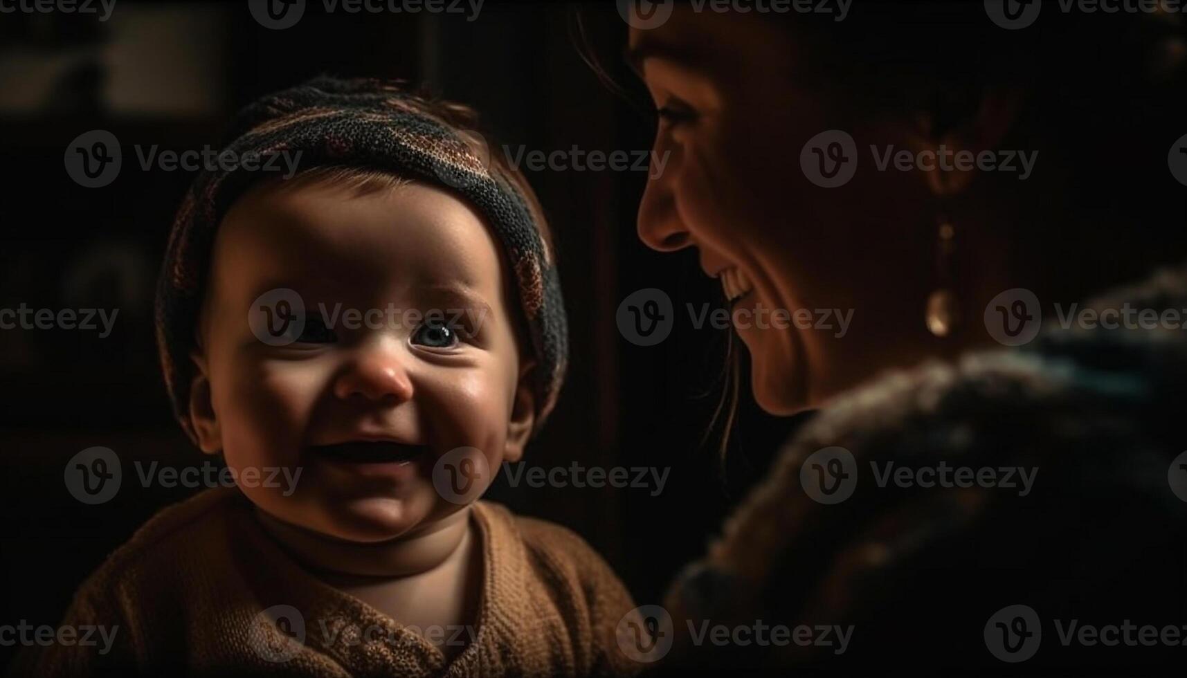 een schattig baby jongen lachend, bonding met zijn moeder binnenshuis gegenereerd door ai foto