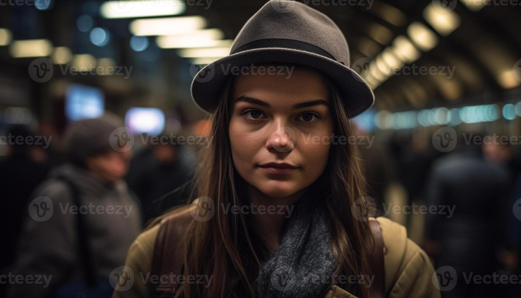 jong volwassen vrouw in modieus winter kleding wandelen in verlichte stad gegenereerd door ai foto