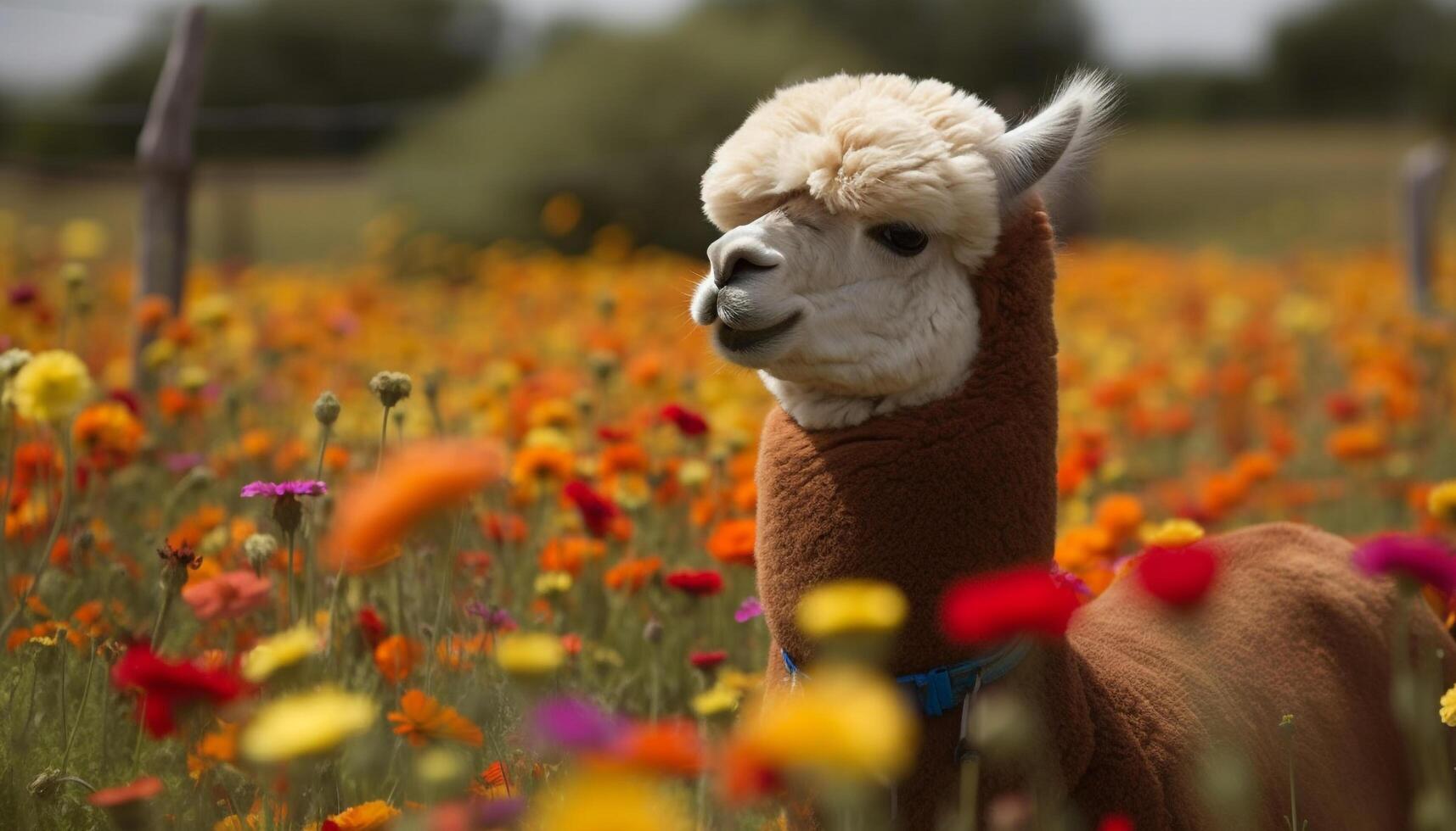 een schattig alpaca schaafwonden in een groen weide, omringd door bloemen gegenereerd door ai foto