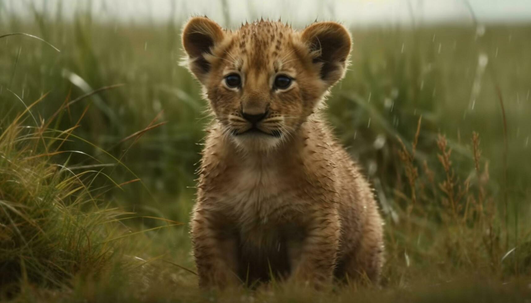 leeuw welp schuilplaats in gras, op zoek Bij camera, wild schoonheid gegenereerd door ai foto