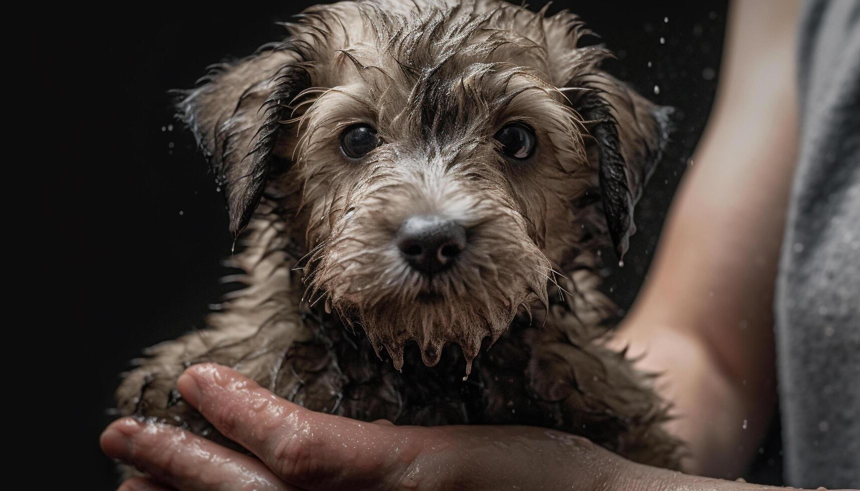 nat puppy in bad, schattig en schoon, op zoek Bij camera gegenereerd door ai foto