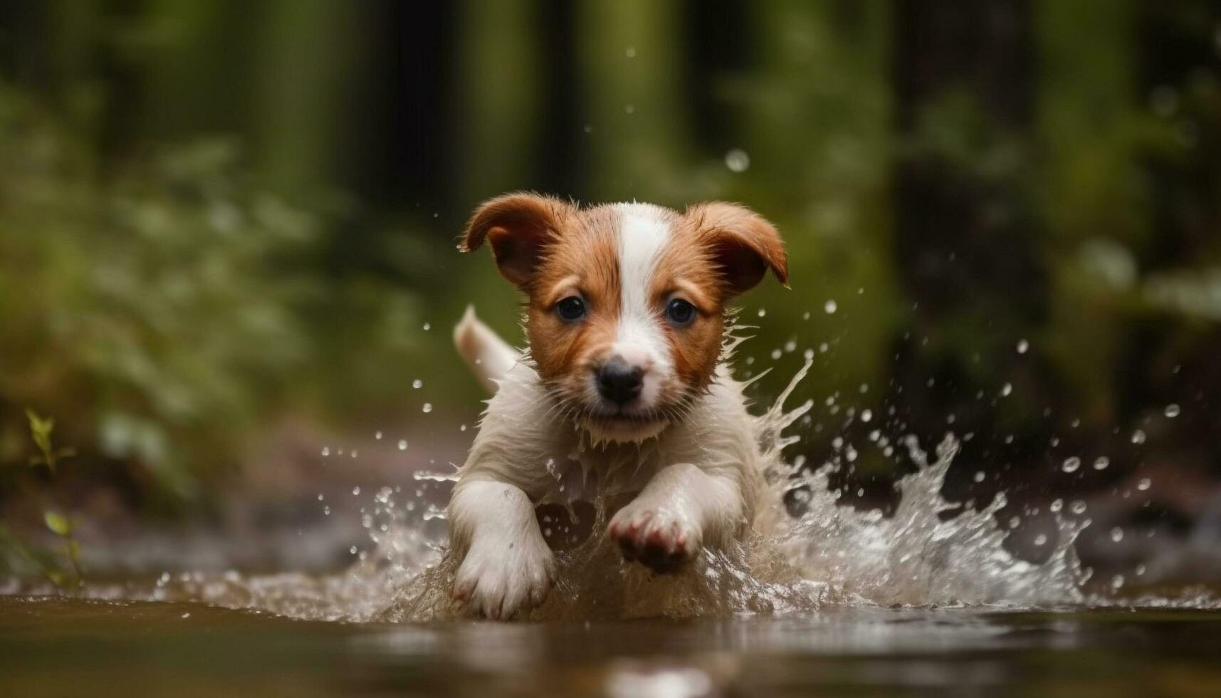 schattig puppy spelen in water, nat vacht, blij en speels gegenereerd door ai foto