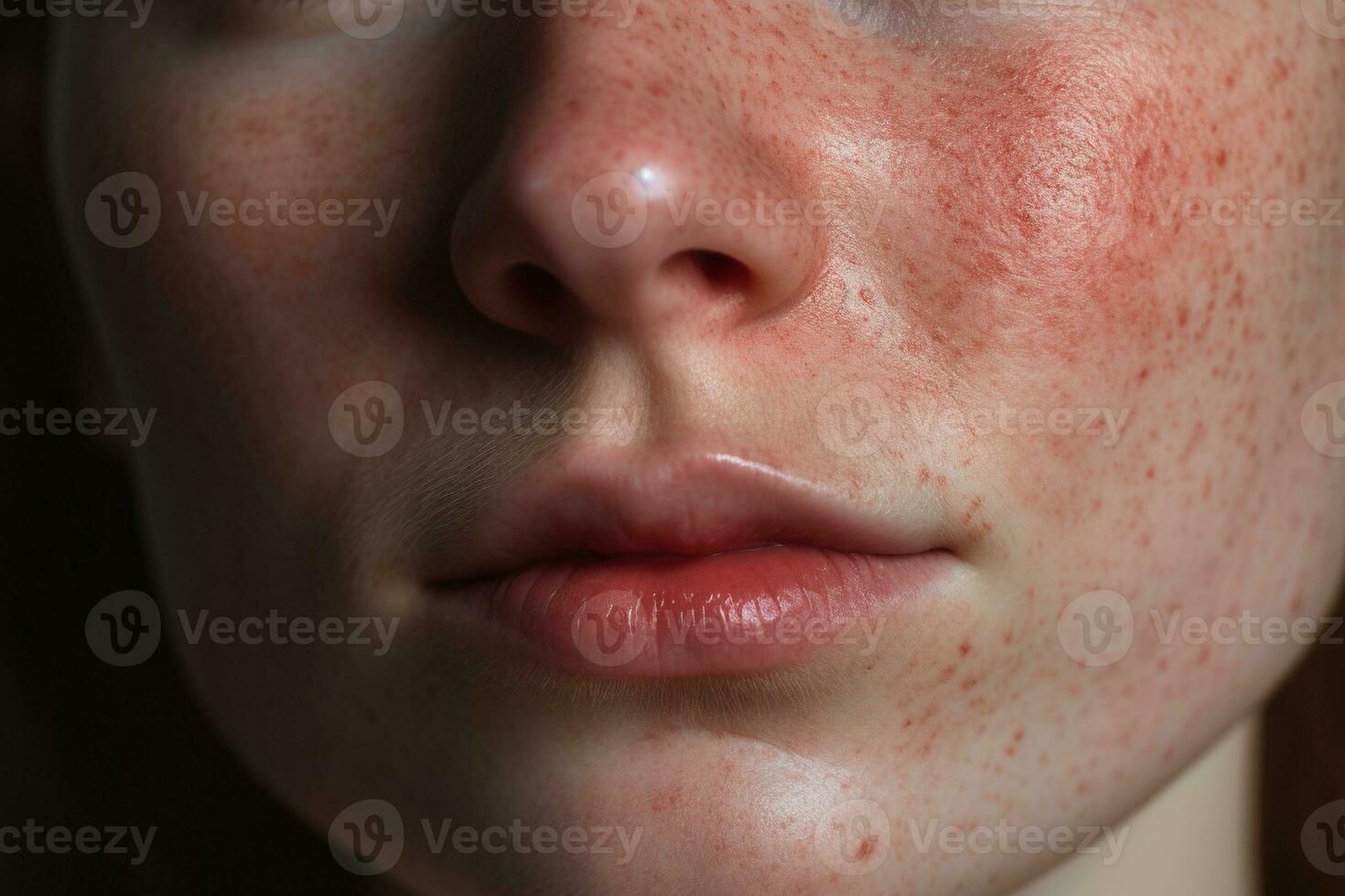 een dichtbij omhoog van een vrouw met sproeten, rosacea coupérose roodheid huid ai gegenereerd foto