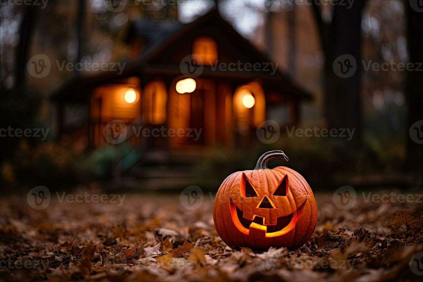 halloween pompoenen in voorkant van een huis Bij nacht, halloween achtergrond ai gegenereerd foto