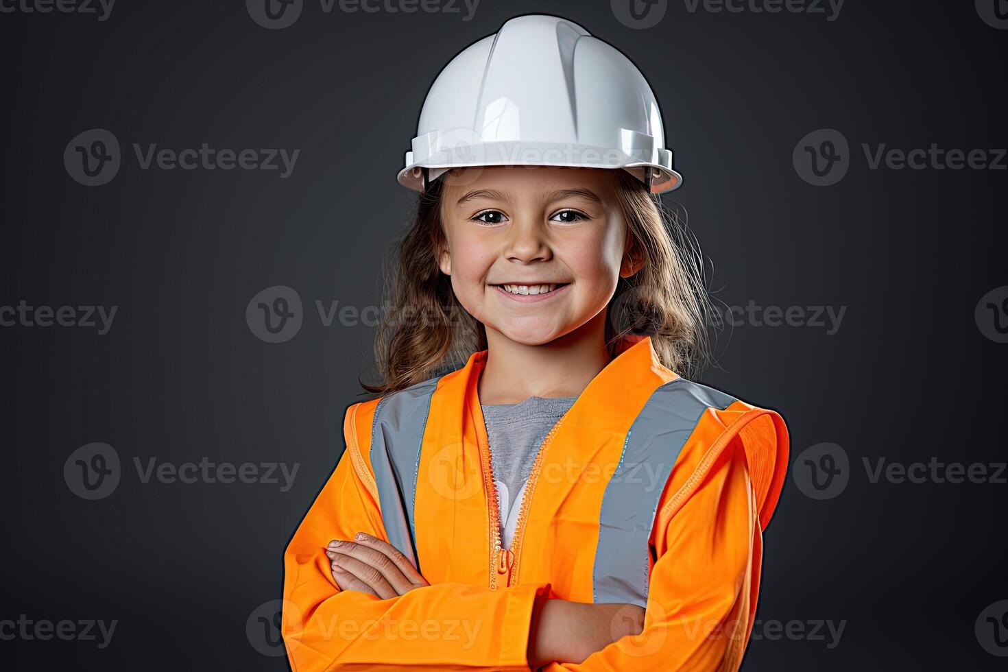 portret van een glimlachen weinig meisje in een bouw helm ai gegenereerd foto