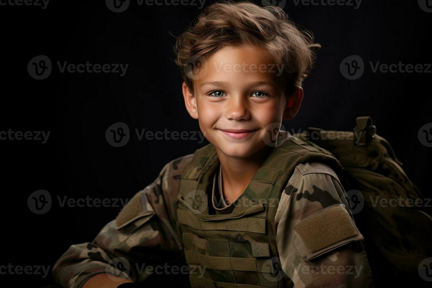 portret van een schattig weinig jongen in leger uniform Aan donker achtergrond ai gegenereerd foto