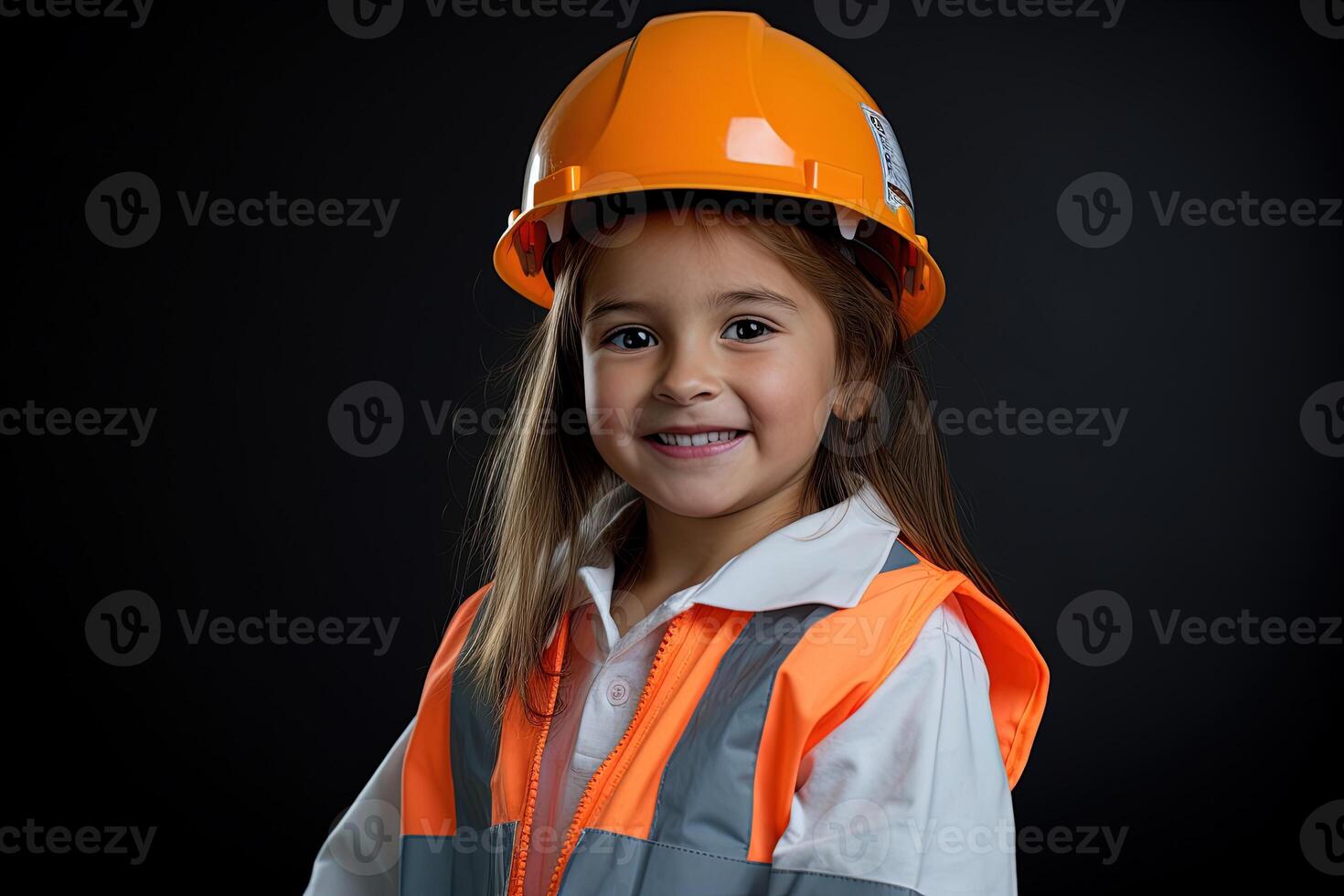 portret van een glimlachen weinig meisje in een bouw helm ai gegenereerd foto