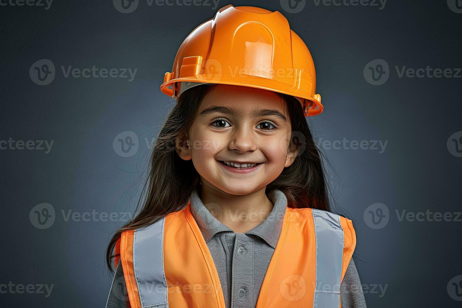 portret van een glimlachen weinig meisje in een bouw helm ai gegenereerd foto