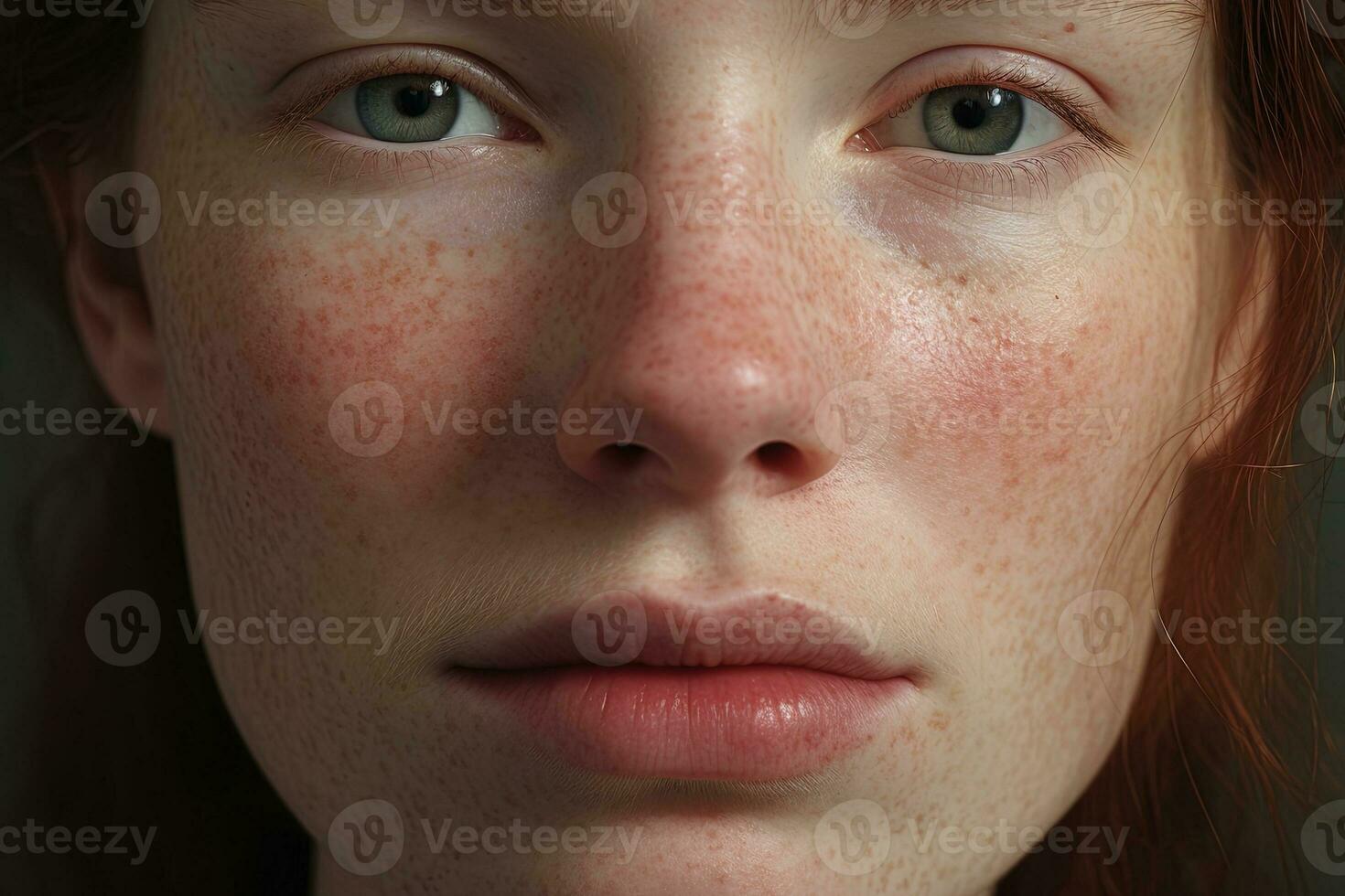 een dichtbij omhoog van een vrouw met sproeten, rosacea coupérose roodheid huid ai gegenereerd foto