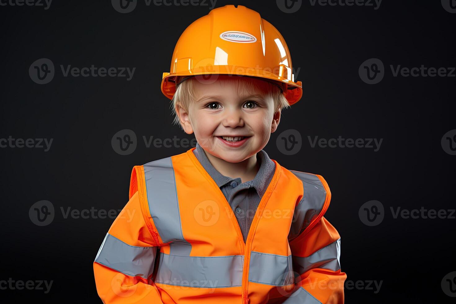 portret van een schattig weinig jongen in een bouw helm ai gegenereerd foto