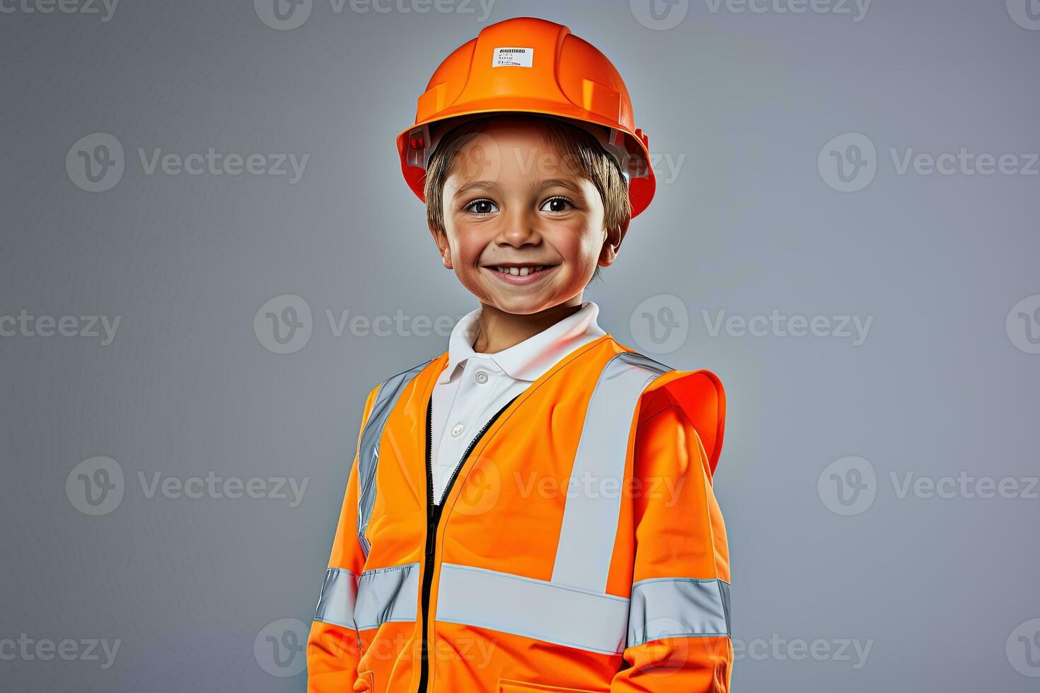 portret van een schattig weinig jongen in een bouw helm ai gegenereerd foto