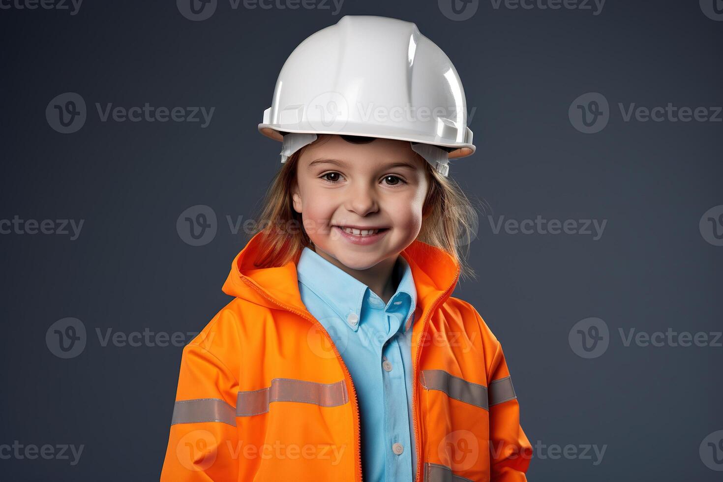 portret van een glimlachen weinig meisje in een bouw helm ai gegenereerd foto