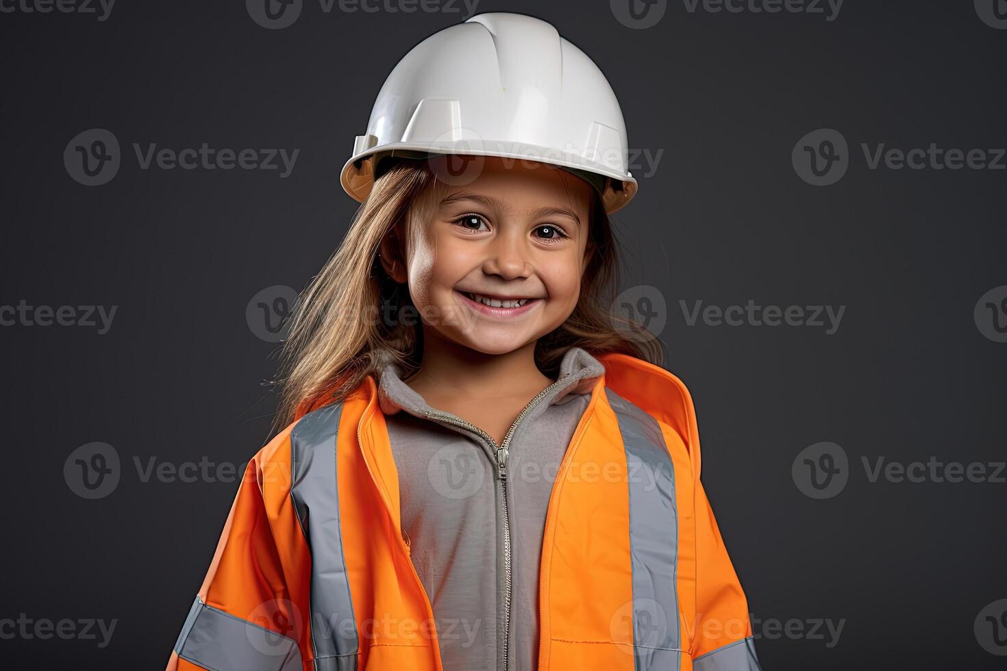 portret van een glimlachen weinig meisje in een bouw helm ai gegenereerd foto