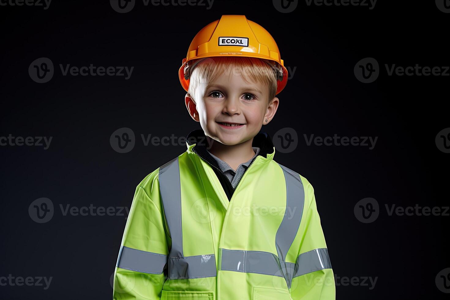 portret van een schattig weinig jongen in een bouw helm ai gegenereerd foto