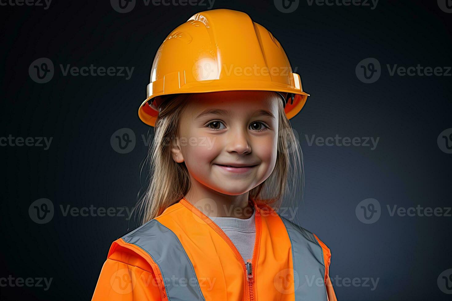 portret van een glimlachen weinig meisje in een bouw helm ai gegenereerd foto