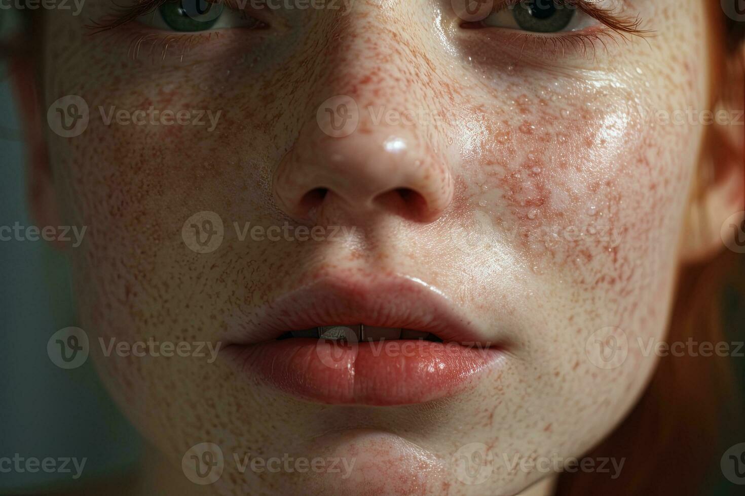 een dichtbij omhoog van een vrouw met sproeten, rosacea coupérose roodheid huid ai gegenereerd foto