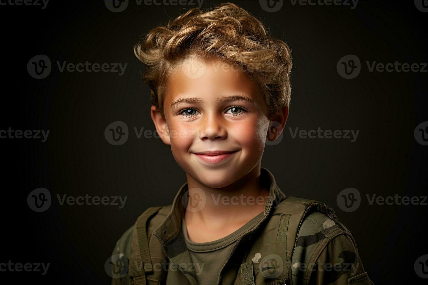 portret van een schattig weinig jongen in leger uniform Aan donker achtergrond ai gegenereerd foto