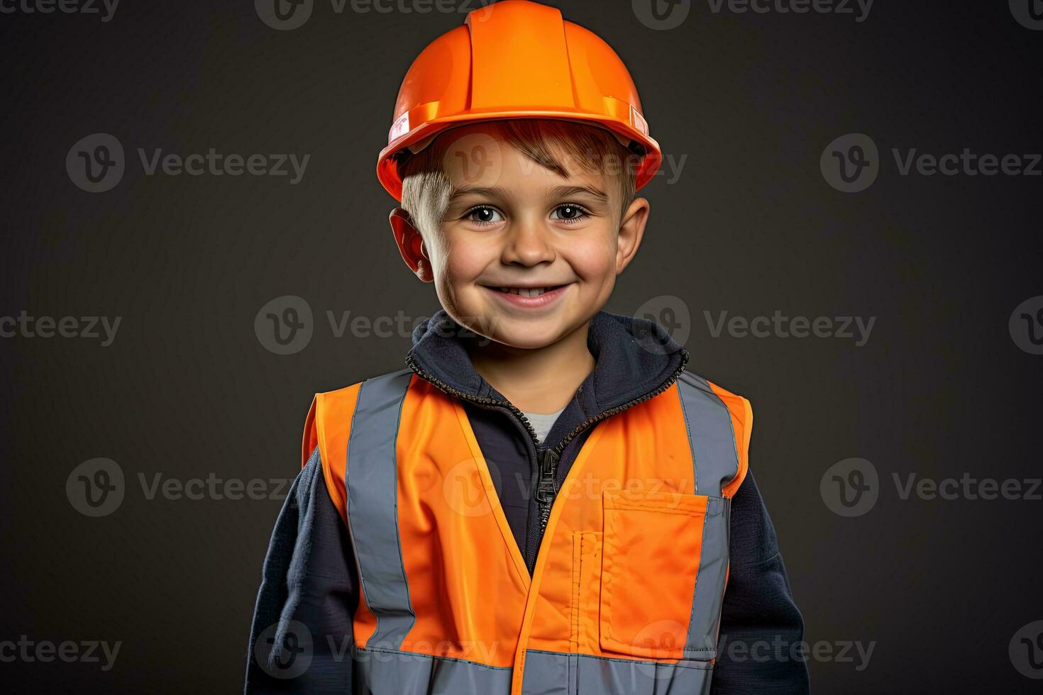 portret van een schattig weinig jongen in een bouw helm ai gegenereerd foto