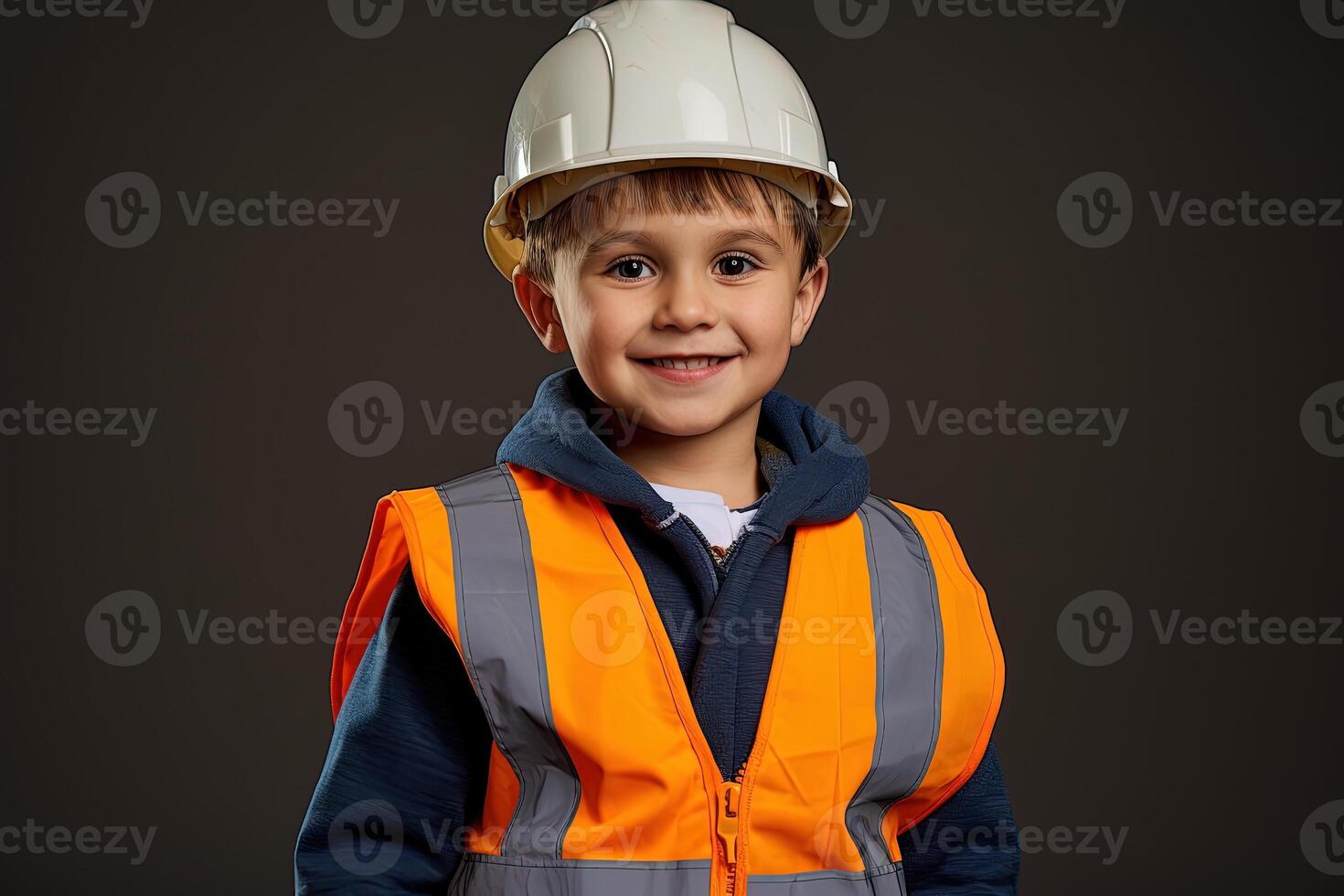 portret van een schattig weinig jongen in een bouw helm ai gegenereerd foto