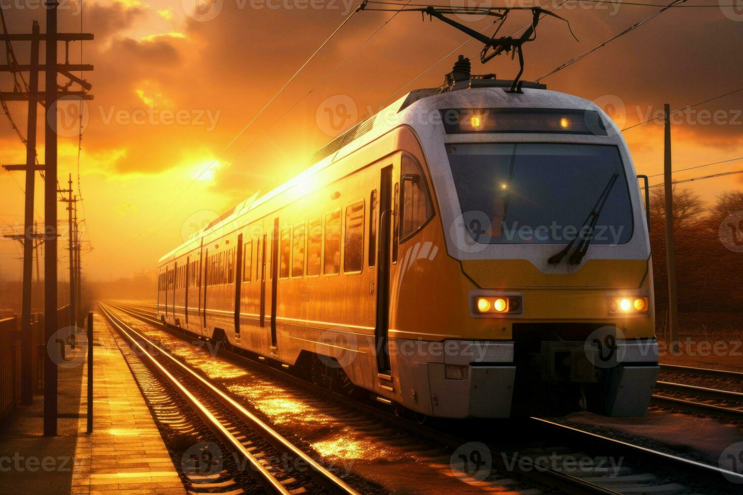 trein vertrekken hou op zonsondergang vertrekken. genereren ai foto