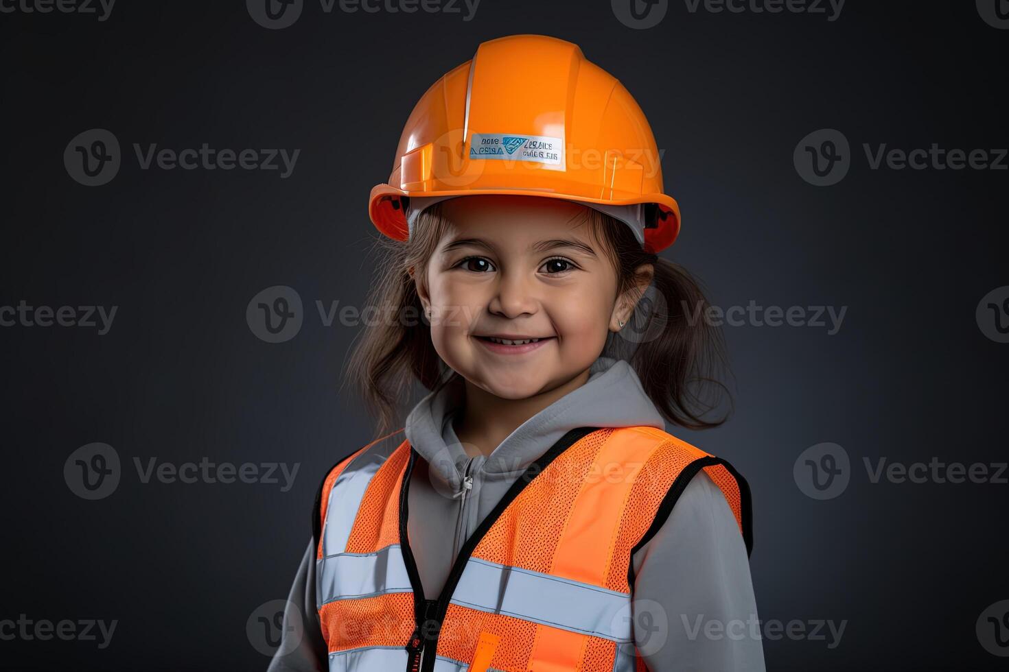 portret van een glimlachen weinig meisje in een bouw helm ai gegenereerd foto