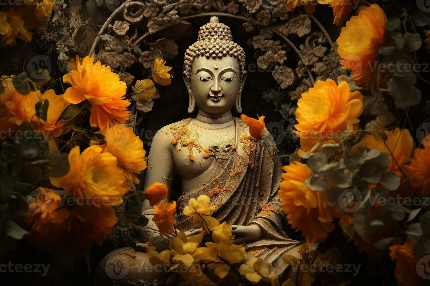 een gouden Boeddha standbeeld omringd door bloemen ai gegenereerd foto