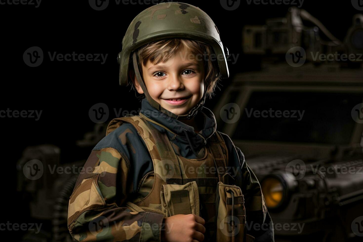 portret van een schattig weinig jongen in leger uniform Aan donker achtergrond ai gegenereerd foto