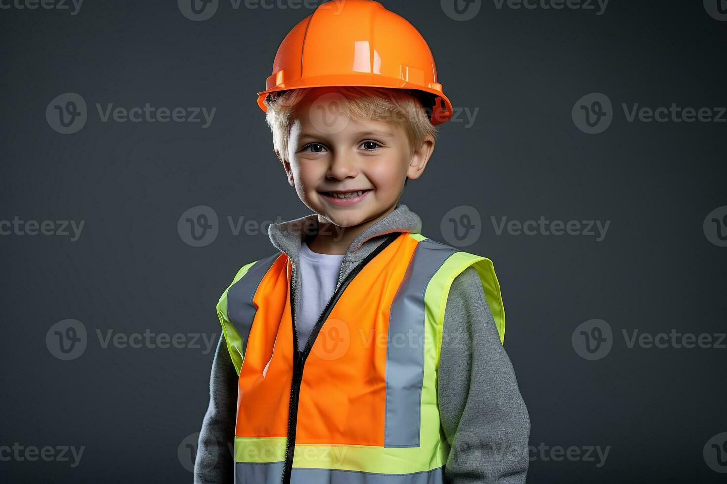 portret van een schattig weinig jongen in een bouw helm ai gegenereerd foto