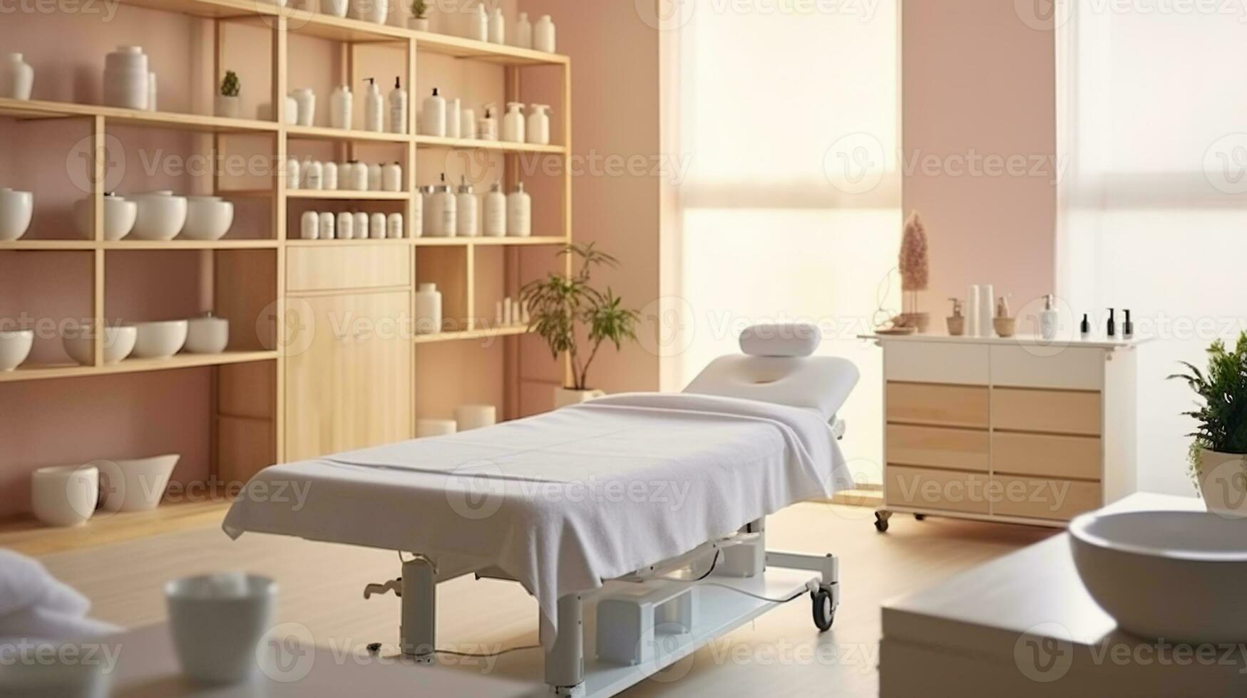 interieur van nieuw schoonheid salon met spa massage tafel en reeks van huidsverzorging producten klaar voor gebruiken. schoonheid en lichaam zorg. generatief ai foto