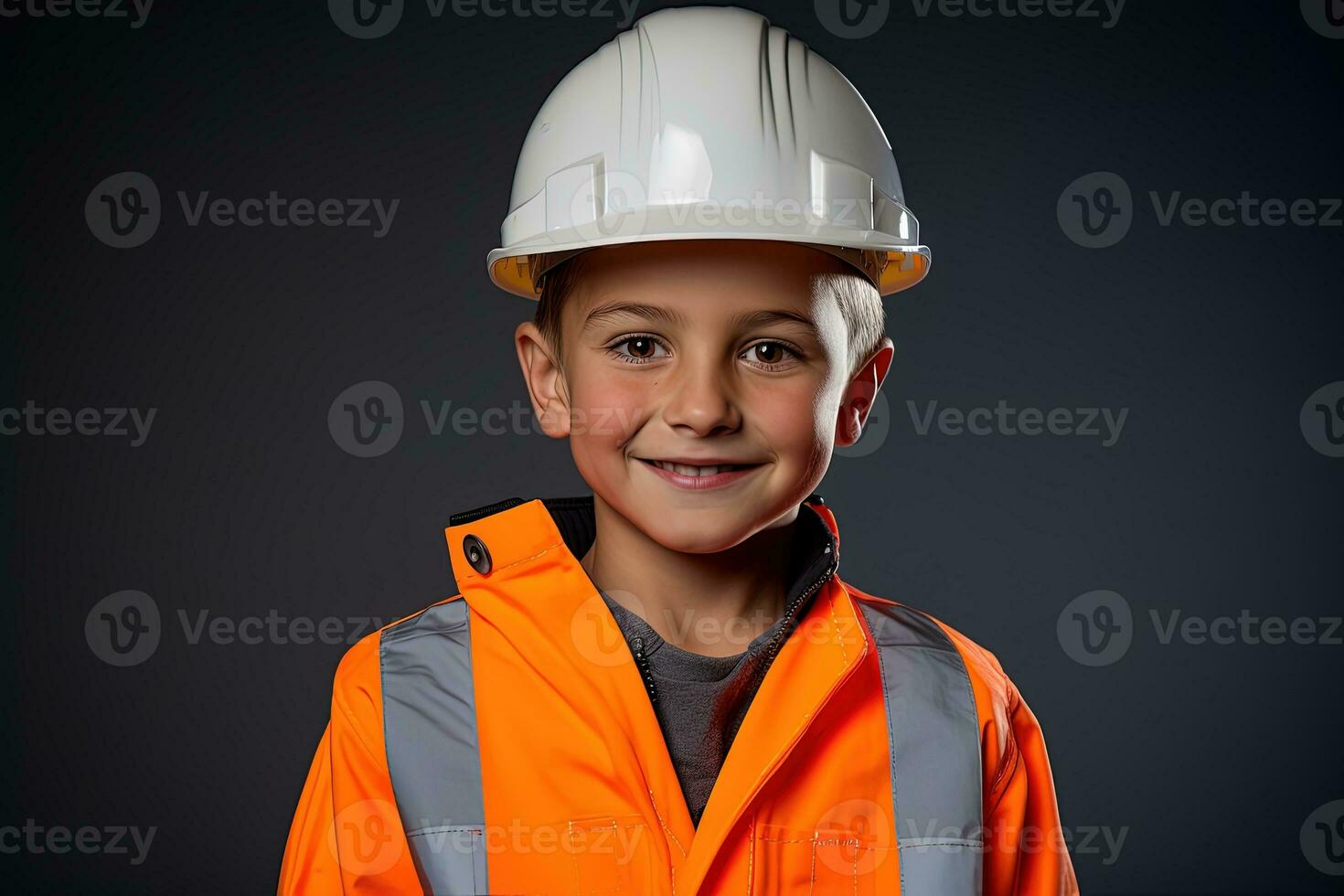 portret van een schattig weinig jongen in een bouw helm ai gegenereerd foto