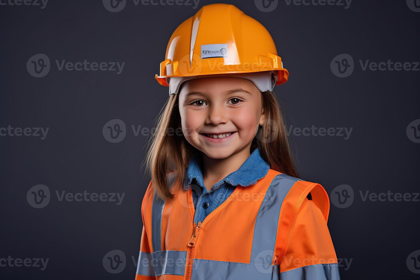 portret van een glimlachen weinig meisje in een bouw helm ai gegenereerd foto