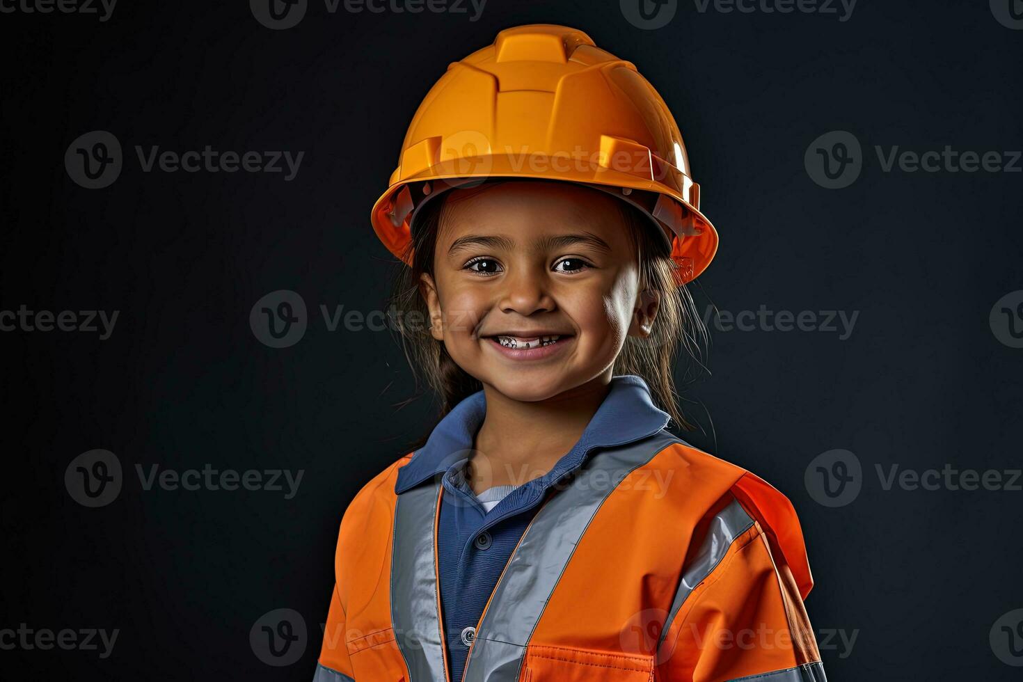 portret van een glimlachen weinig meisje in een bouw helm ai gegenereerd foto