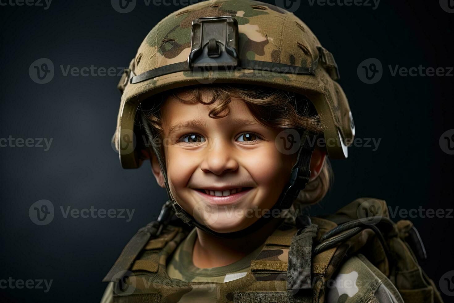 portret van een schattig weinig jongen in leger uniform Aan donker achtergrond ai gegenereerd foto