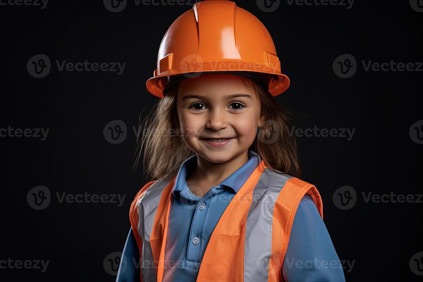 portret van een glimlachen weinig meisje in een bouw helm ai gegenereerd foto