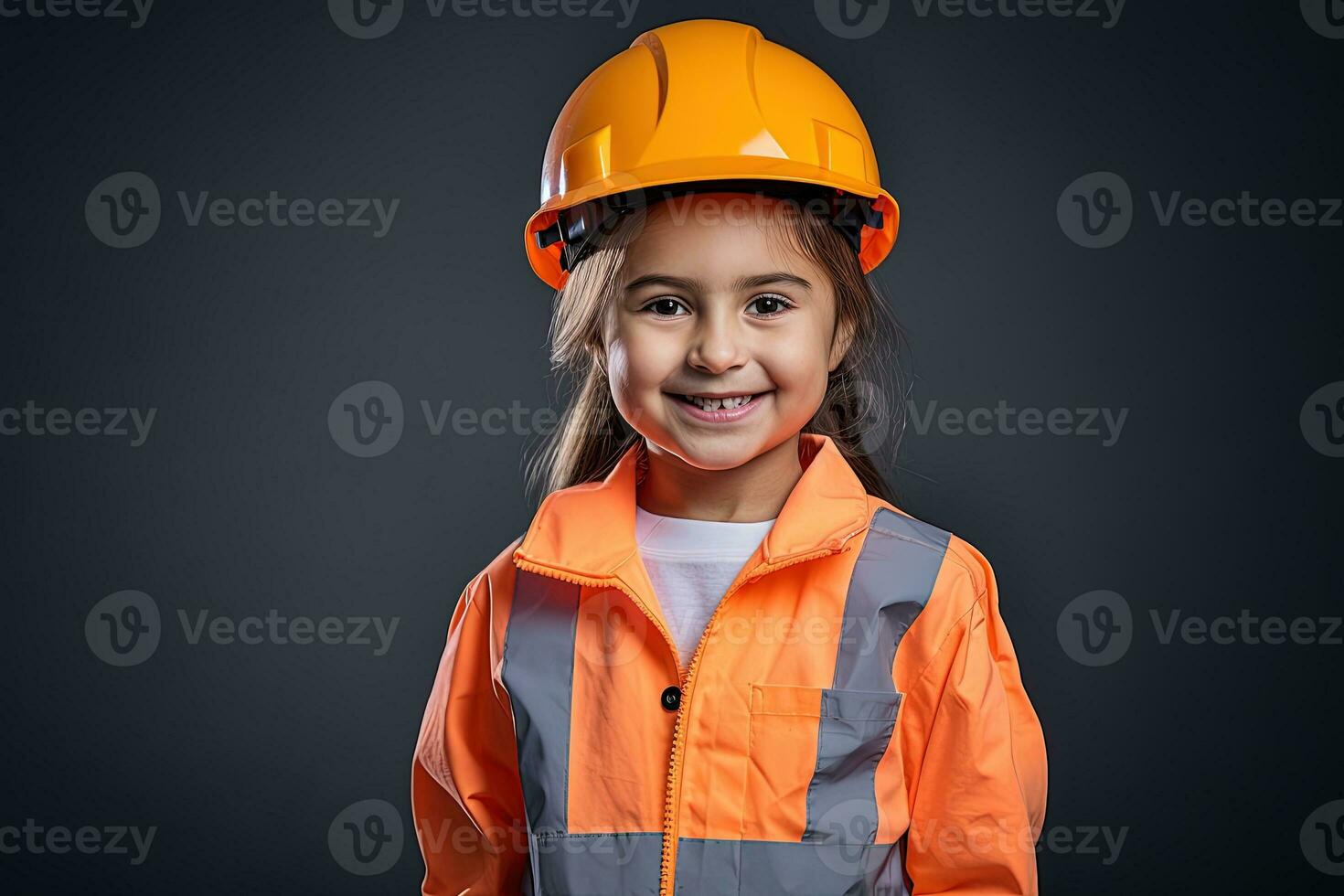 portret van een glimlachen weinig meisje in een bouw helm ai gegenereerd foto