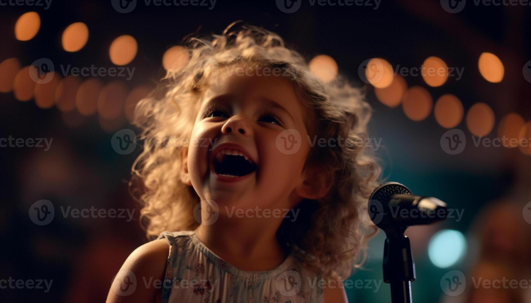 lachend, schattig Kaukasisch meisje het zingen Aan fase, blij en speels gegenereerd door ai foto