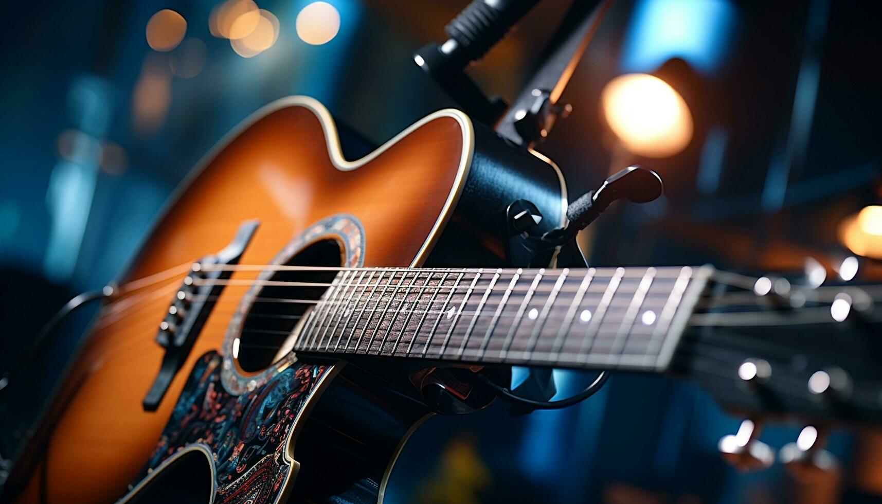 gitarist spelen akoestisch gitaar Aan fase, plukken strings met creativiteit gegenereerd door ai foto