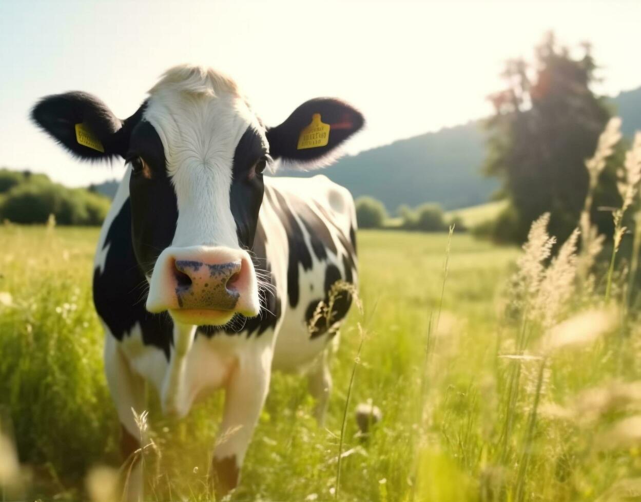 schattig koe begrazing Aan groen weide, genieten van natuur schoonheid gegenereerd door ai foto