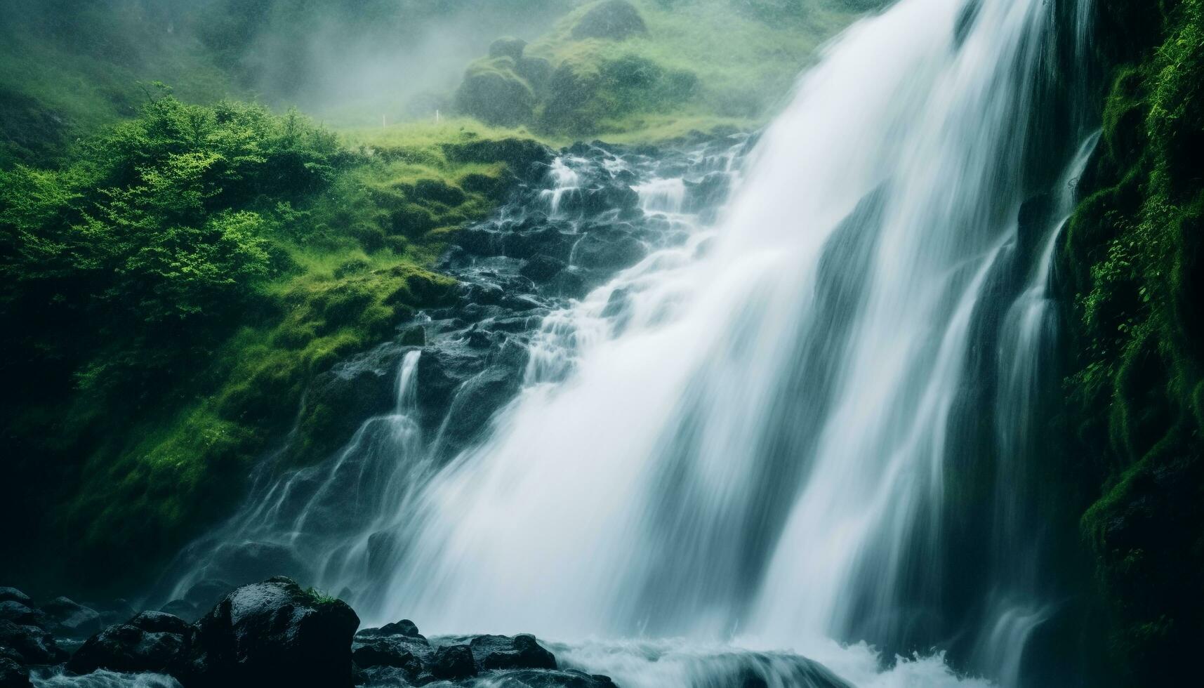 vloeiende water watervallen naar beneden een majestueus berg, creëren een rustig tafereel gegenereerd door ai foto